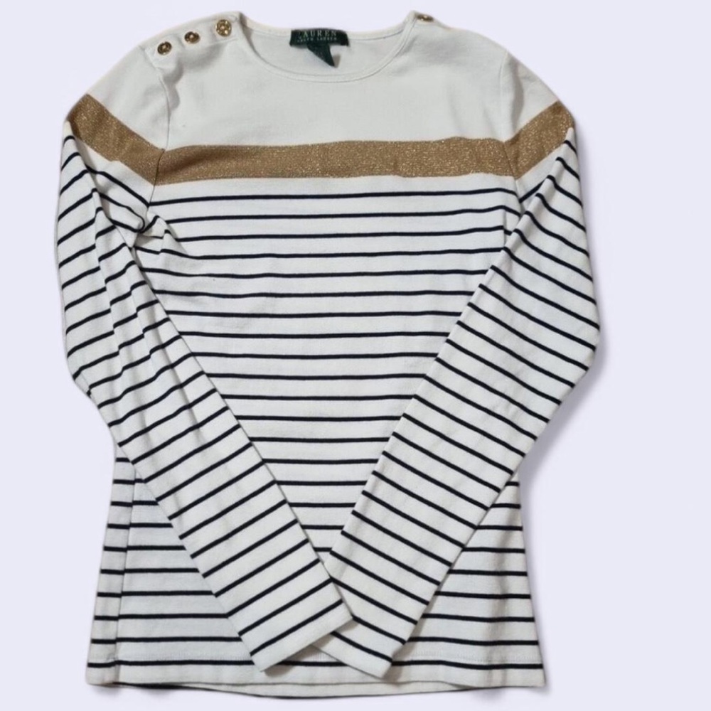 Lauren /Ralph Lauren Striped White and Gold Top with Button Accent